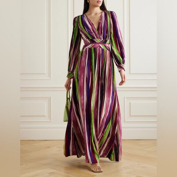 Diane Von Furstenberg DVF Women’s Jenifer Long Sleeve Cutout Striped Maxi Dress - Picture 16 of 16